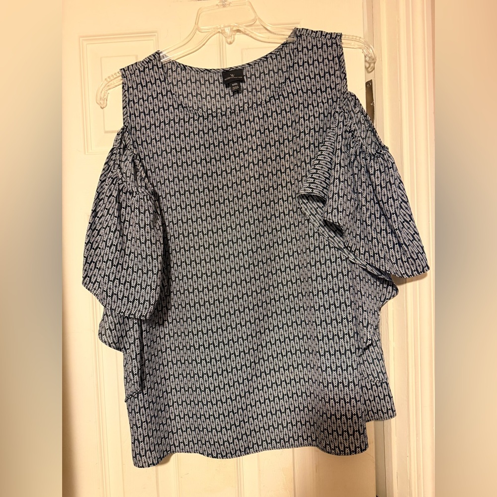 Women’s Worthington Cold Shoulder Short Flutter Sleeve Blouse XXL Navy White